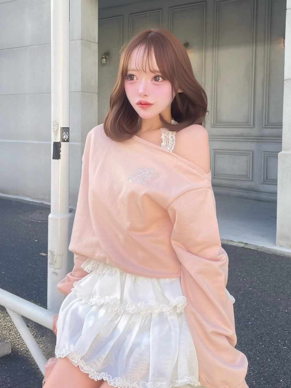 ホルターレースワンショルスウェットトップス