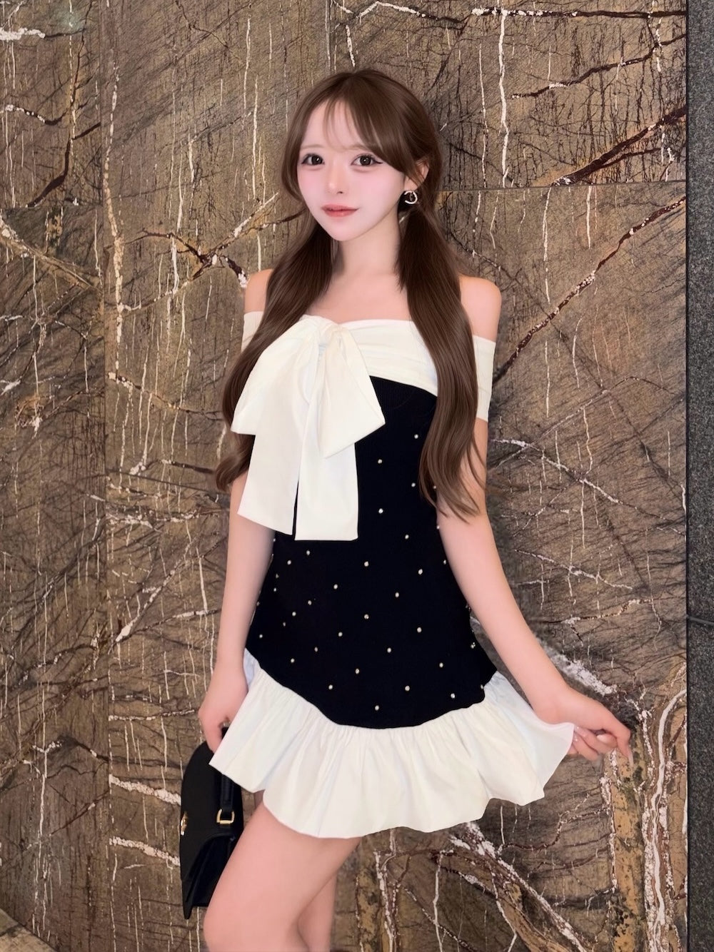 パールビジューオフショルフリルニットミニワンピース