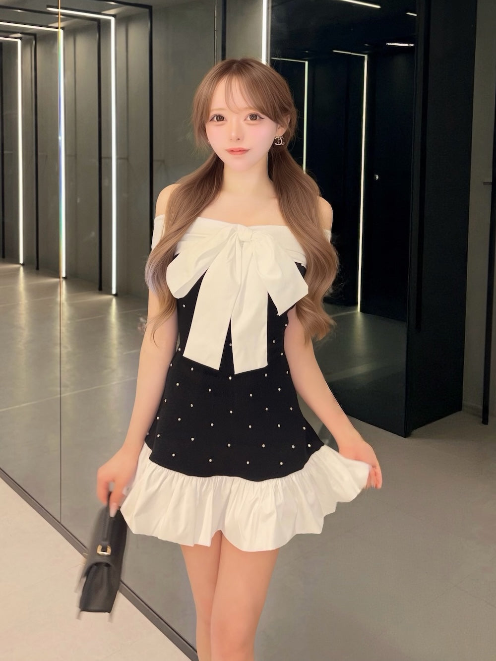 パールビジューオフショルフリルニットミニワンピース