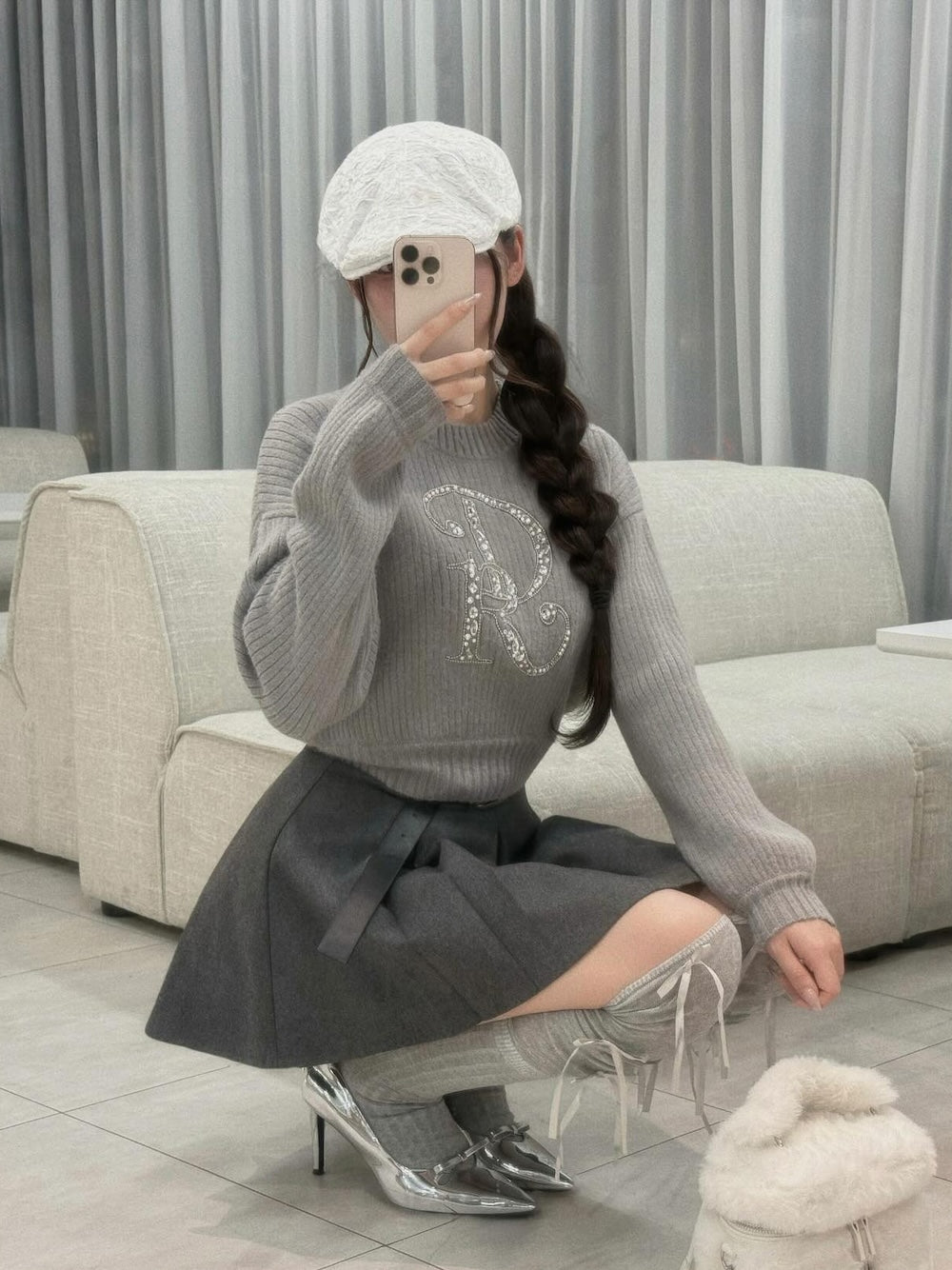 Darich DRビジューリブニットトップス WHT DRビジューボリュームリブニットトップス – Darich