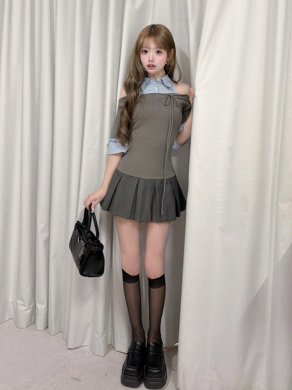 シャツドッキングオフショルプリーツミニワンピース – Darich