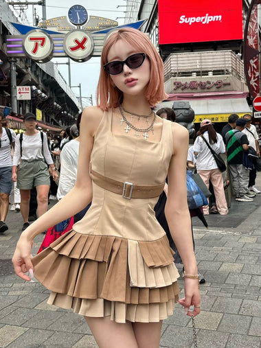 アンダーベルトプリーツミニワンピース
