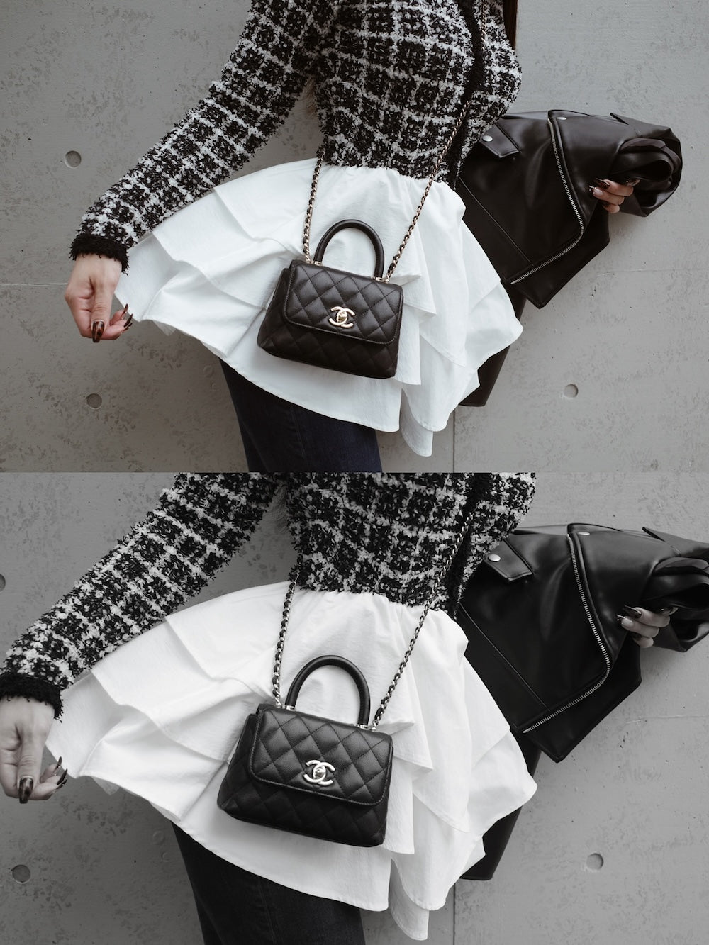 ボリュームフリルツイードニットミニワンピース