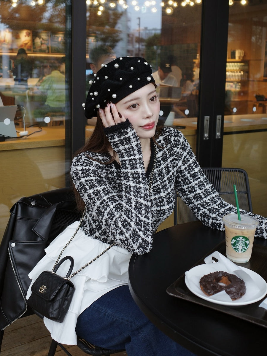 ボリュームフリルツイードニットミニワンピース