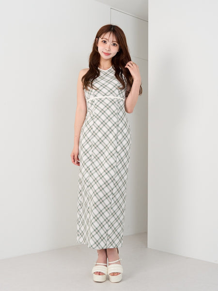 Checked Halter Neck Long Dress