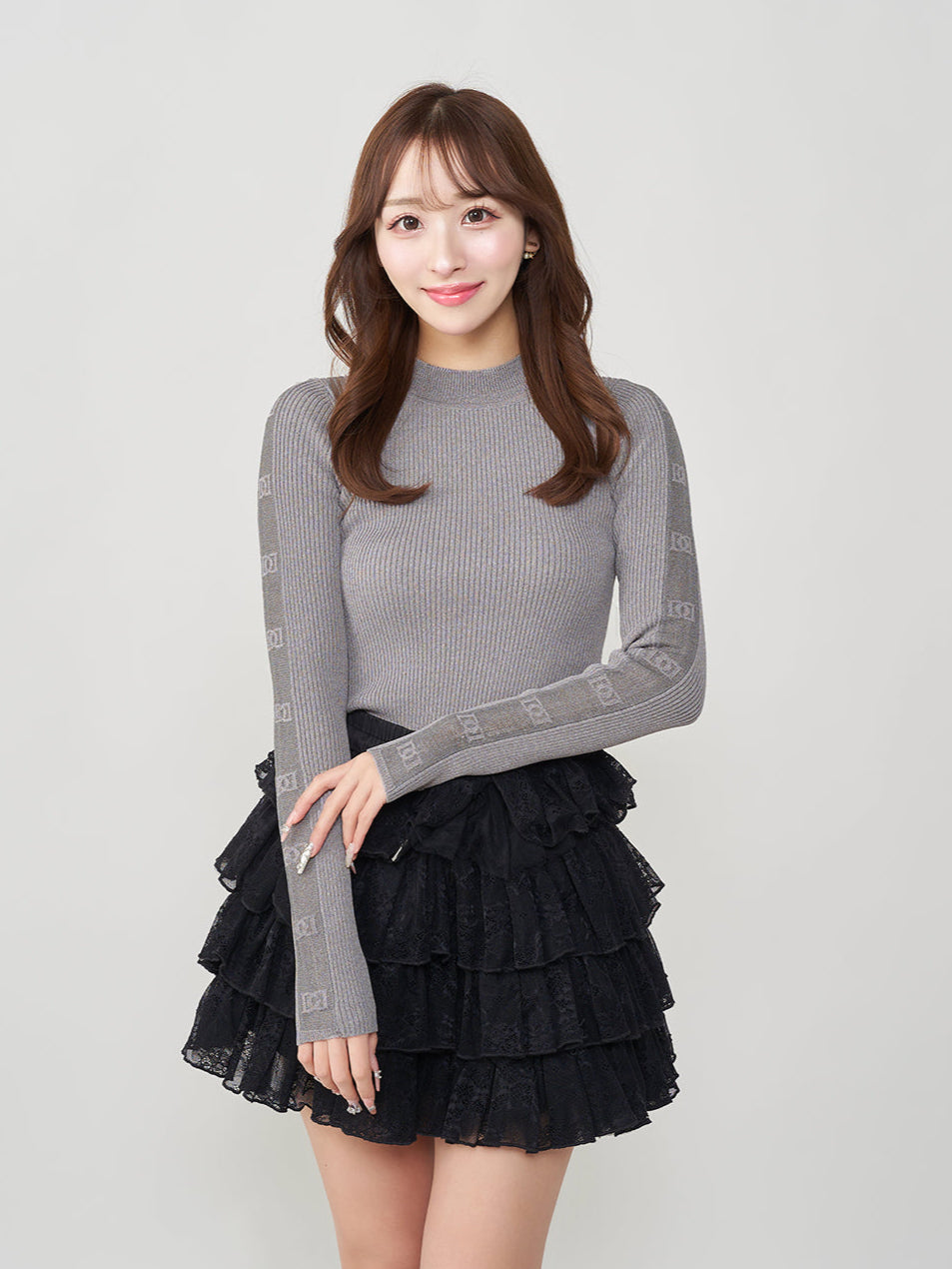 シースルーDDタートルニットトップス - gry