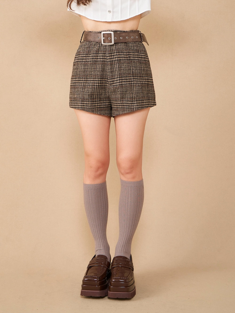 ハイウエストチェックショートパンツ - brn