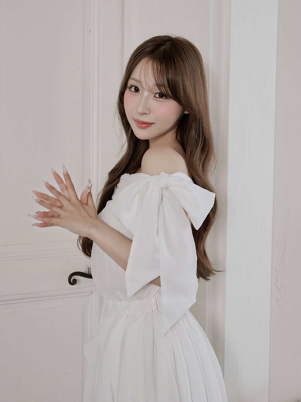 オフショルリボンドレープシフォンワンピース – Darich