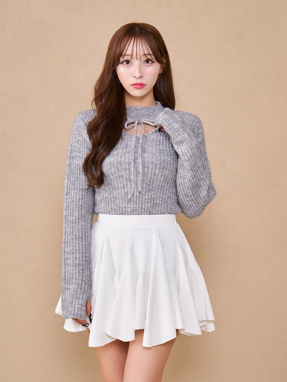 レースアップリボンニットトップス - gry