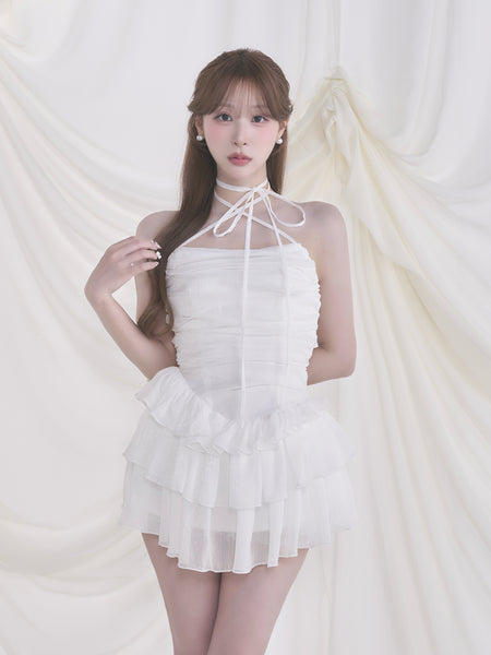 Glossy Frill Halter Mini Dress