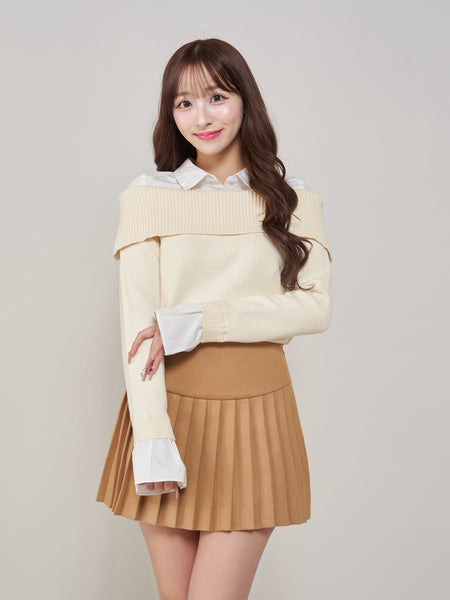 Shirt-Docked Off-Shoulder Knit Top