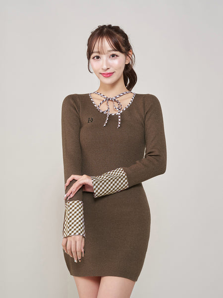 Checked Ribbon Knit Mini Dress