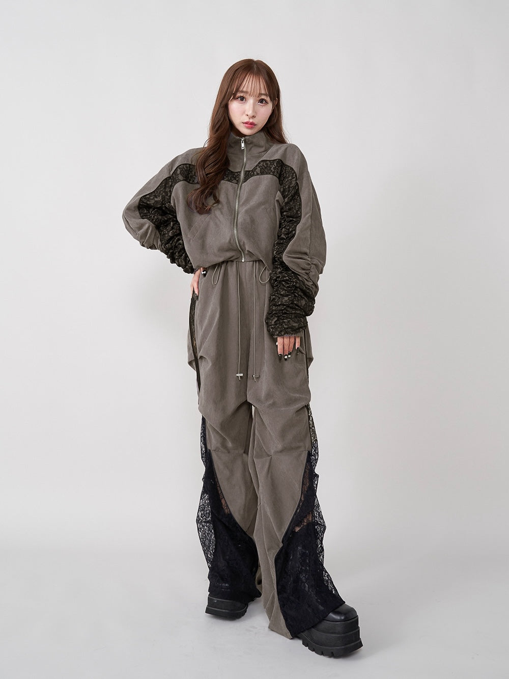 レースドッキングボリュームギャザーセットアップ - c-gry