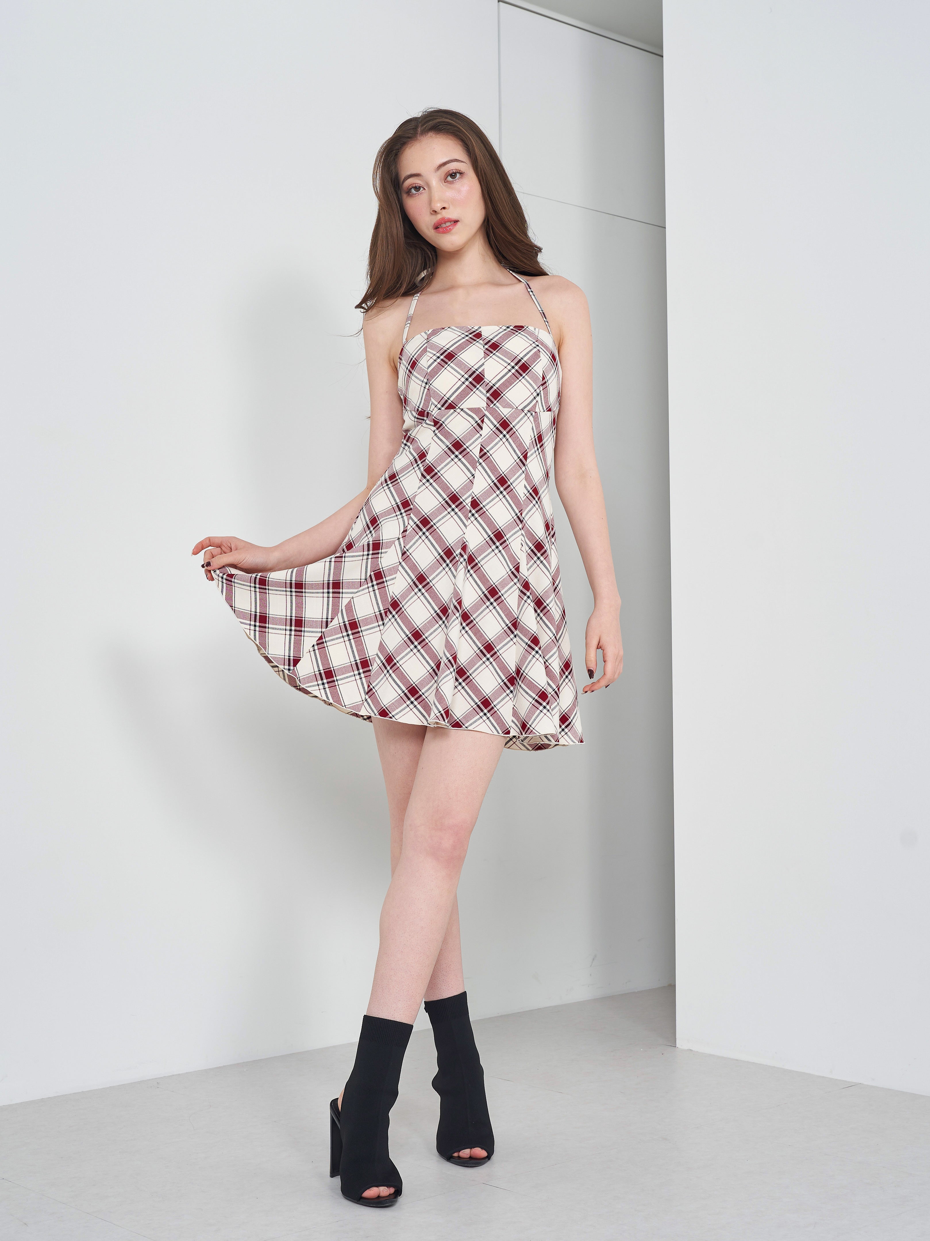 チェックホルターリボンベアミニワンピース – Darich (ダーリッチ)