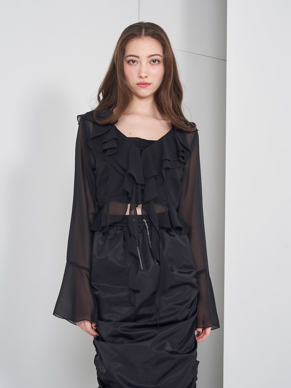 シフォンフリルショートカーディガン - blk
