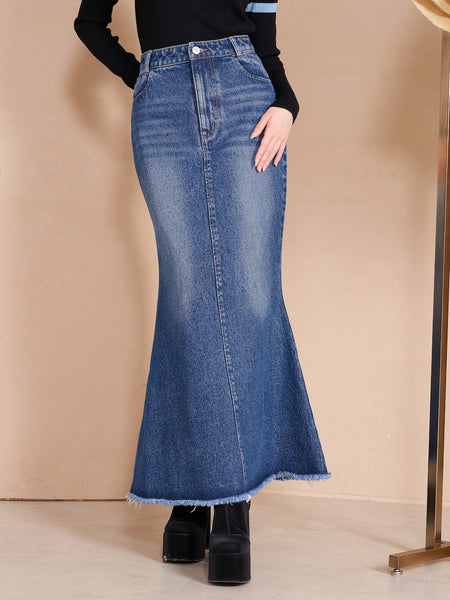 Side Slit Long Denim Skirt