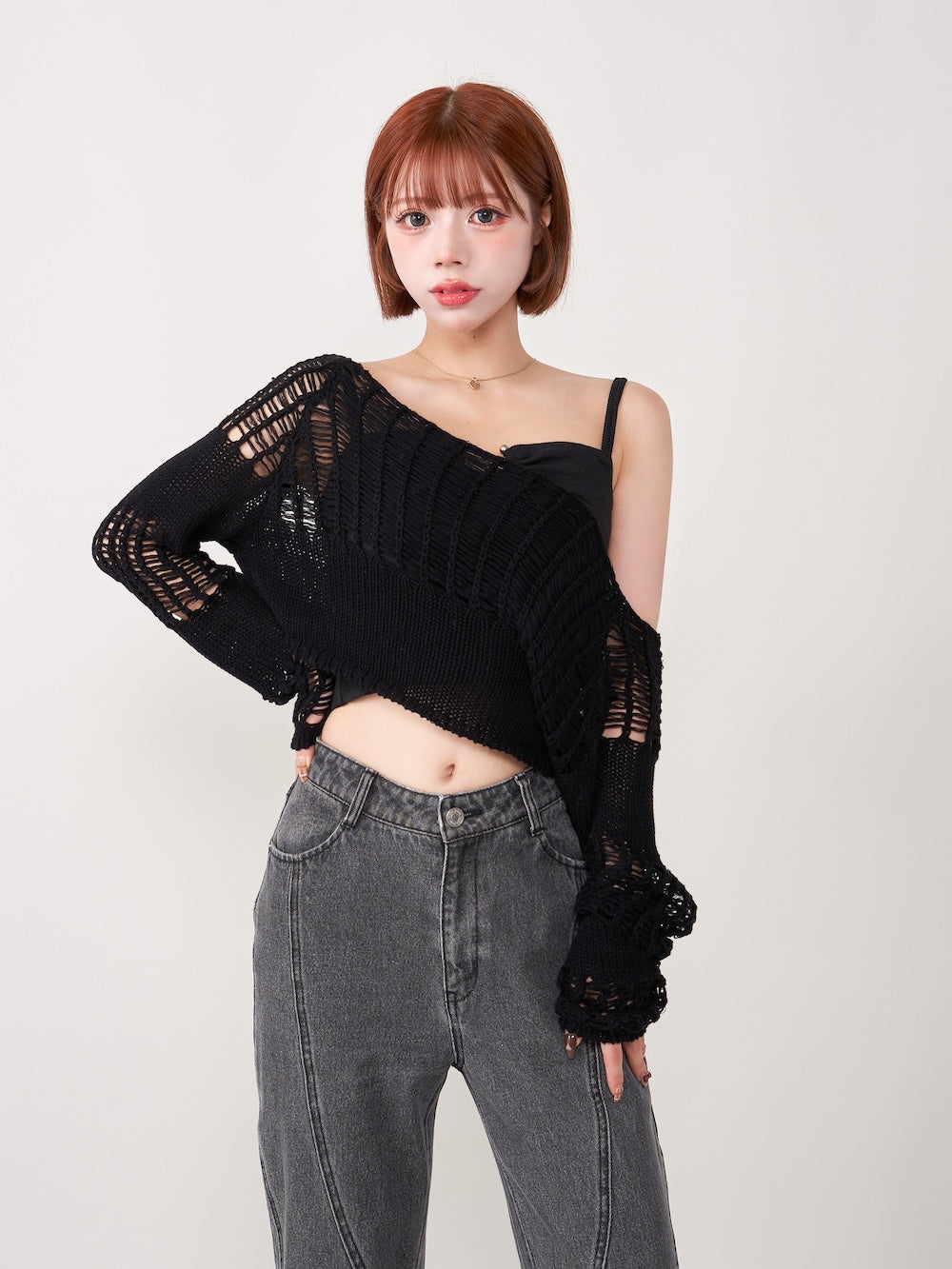 シアーボーダーニットトップス - blk