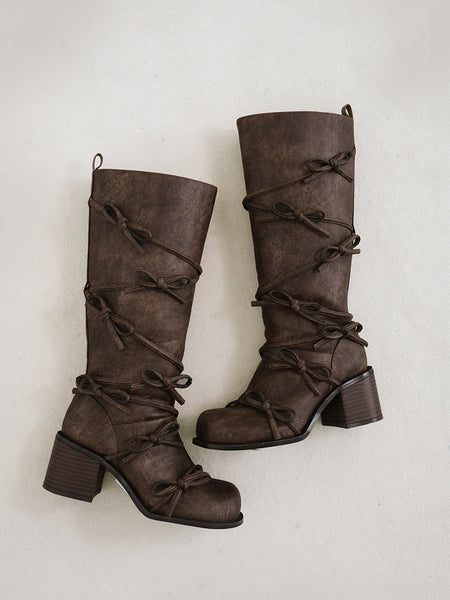 Lace-up ribbon boots