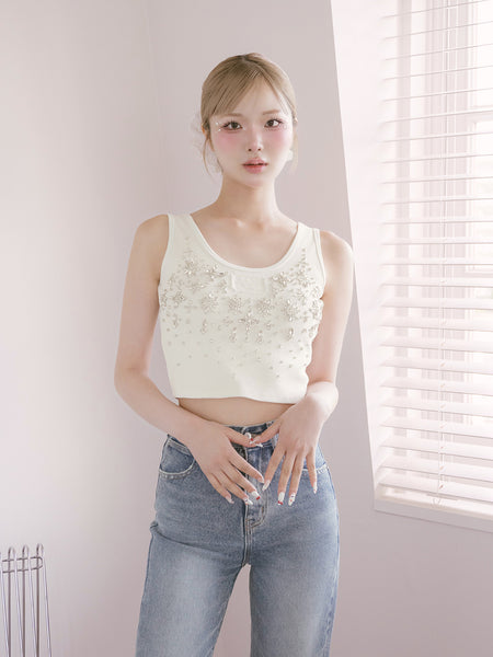 Jeweled Ribbed Sleeveless Top
