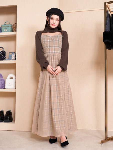 Tulle-paneled check dress