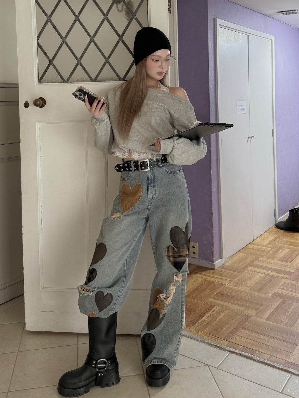 ホルターレースワンショルスウェットトップス