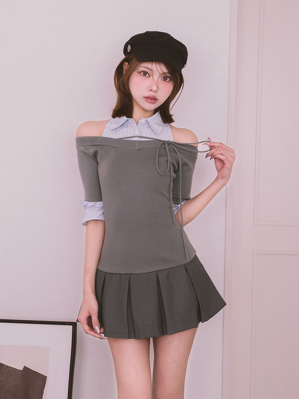 シャツドッキングオフショルプリーツミニワンピース – Darich