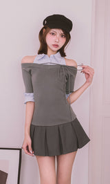 シャツドッキングオフショルプリーツミニワンピース – Darich