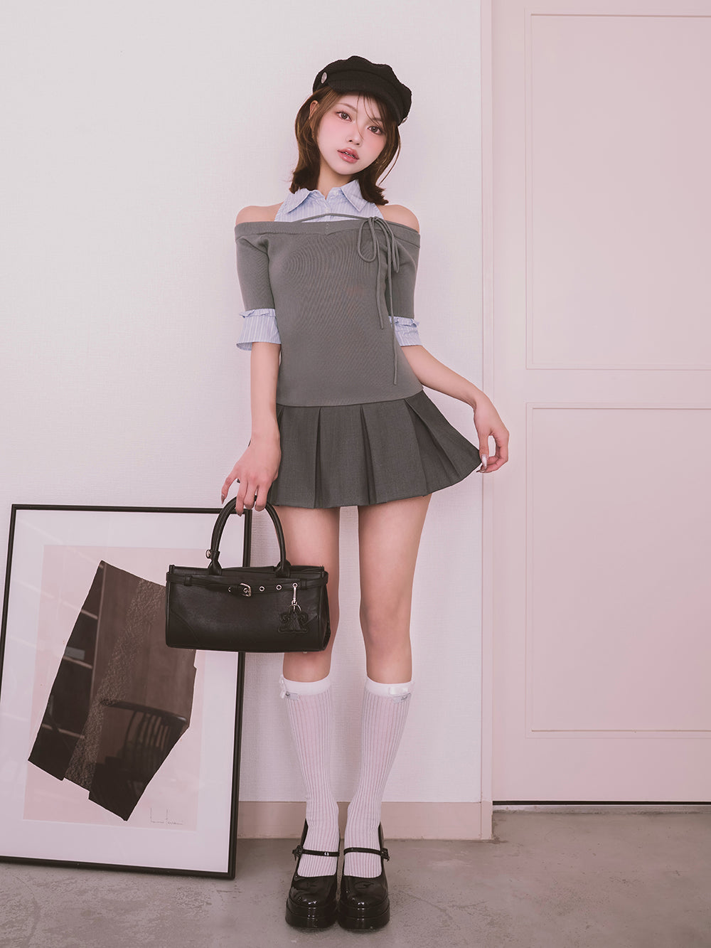 シャツドッキングオフショルプリーツミニワンピース – Darich