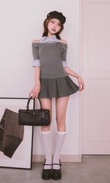 シャツドッキングオフショルプリーツミニワンピース – Darich