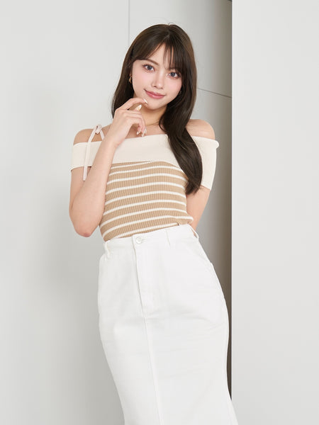 Off-the-Shoulder Ribbon Border Knit Top