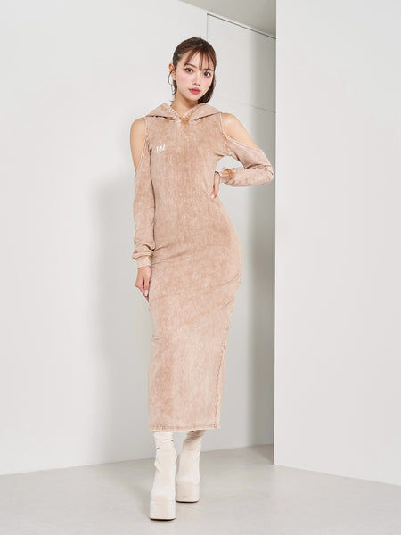 Open-Shoulder Pigment-Dyed Long Dress