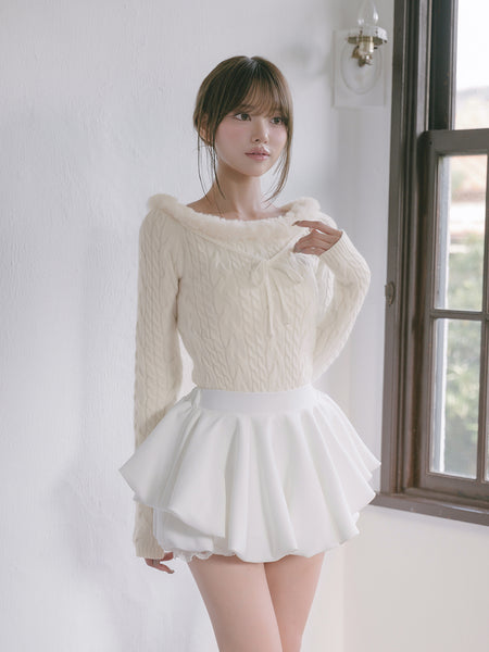 Neck Fur Cable Knit Top