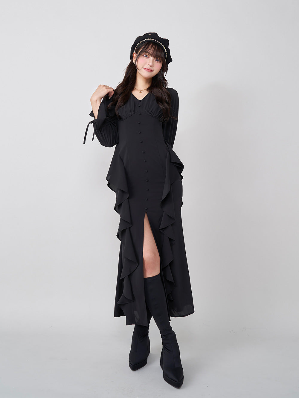 シフォンフリルマーメイドロングワンピース - blk