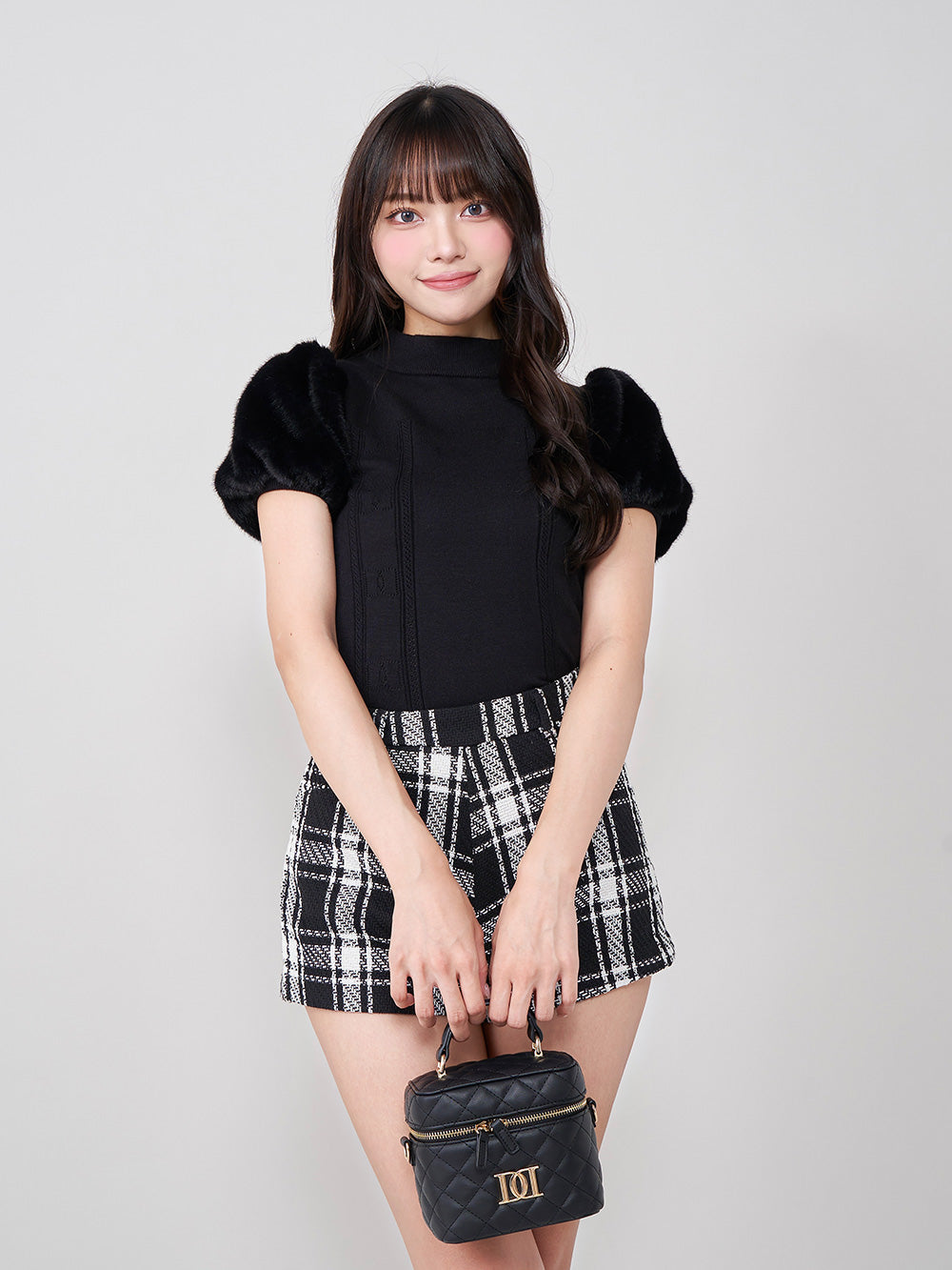 ファースリーブDDニットトップス - blk