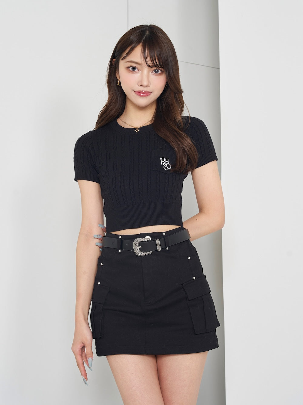 ロゴケーブルニットトップス - blk