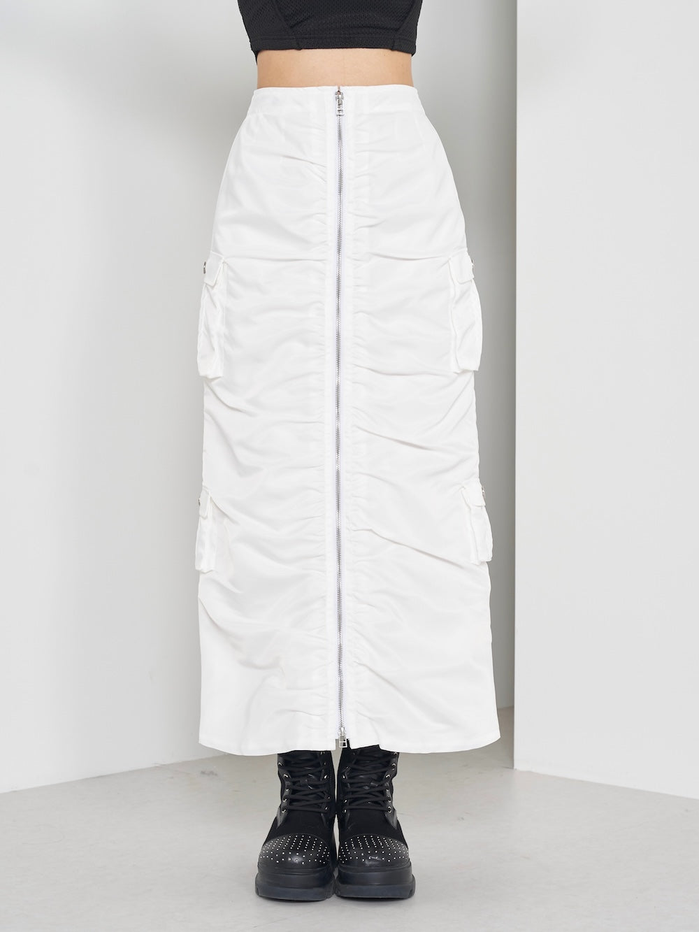 ナイロンデザインロングスカート - wht