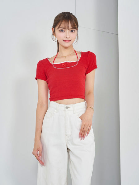Square Neck Ribbed Cutout Lace Top