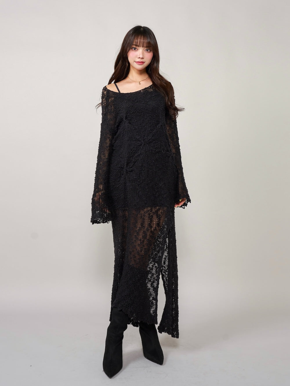 ローゲージデザインニットロングワンピース - blk
