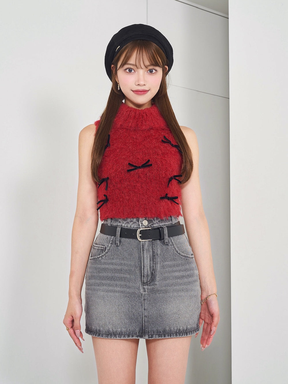 リボンデザインニットトップス - red