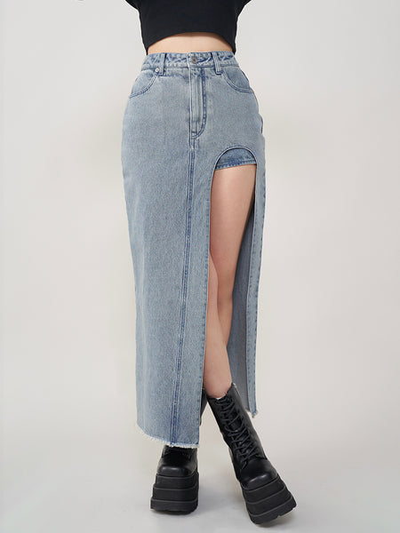 Front-Opening Denim Long Skirt