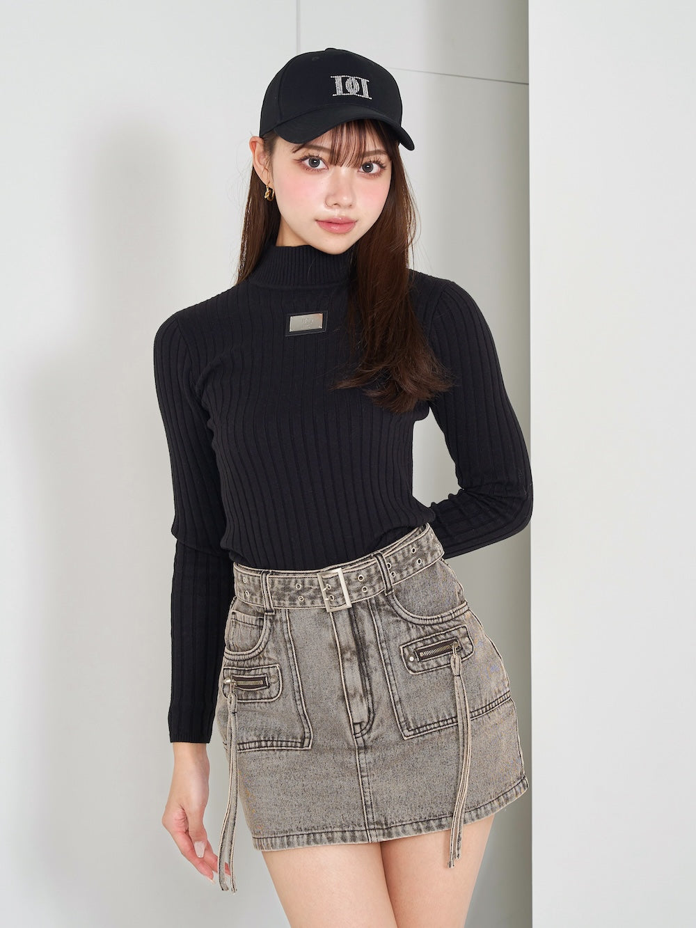 プレートカラーリブニットトップス - blk