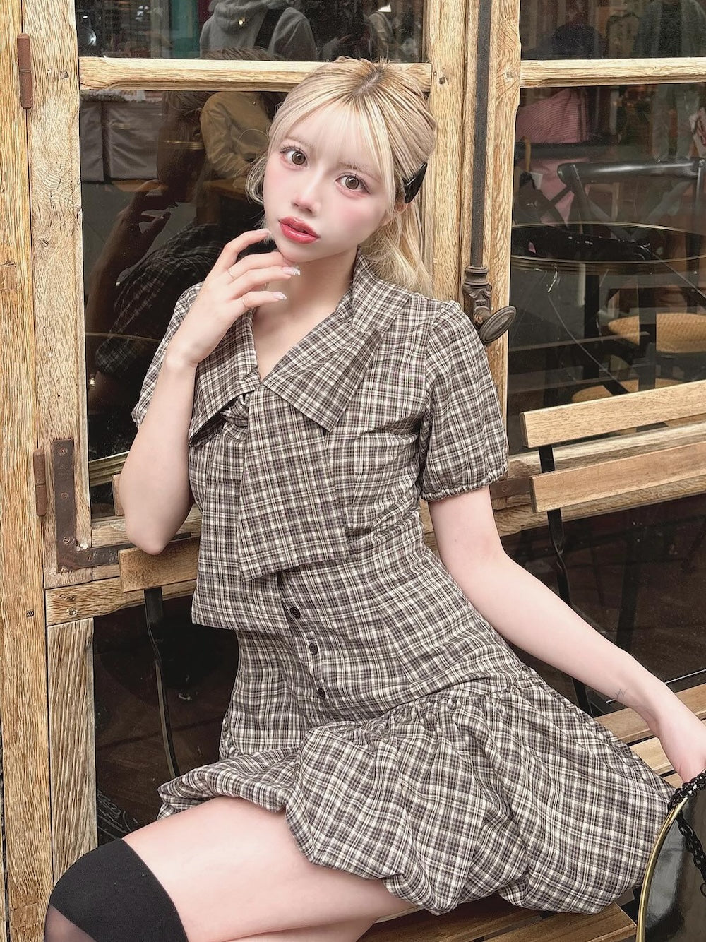 ビッグリボンバルーンチェックミニワンピース　ベージュ ビッグリボンバルーンチェックミニワンピース – Darich