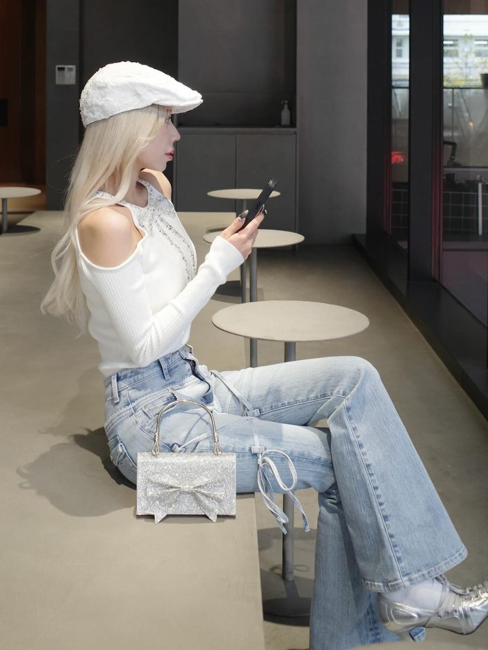 【予約商品】ピコレースハイウエストフレアデニム