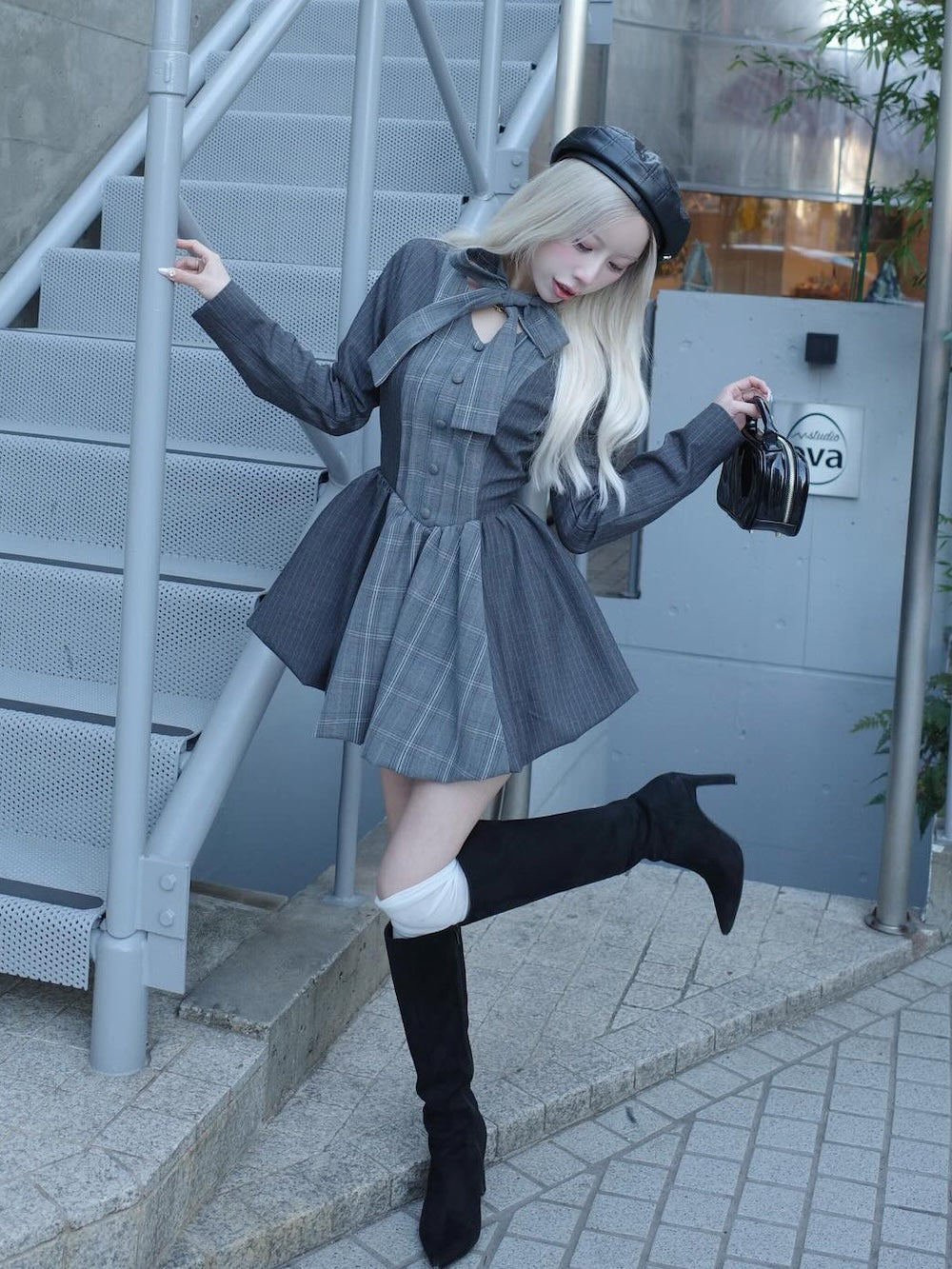 Darich チェックストライプバルーンミニワンピース FLサイズ GRY チェックストライプバルーンミニワンピース – Darich