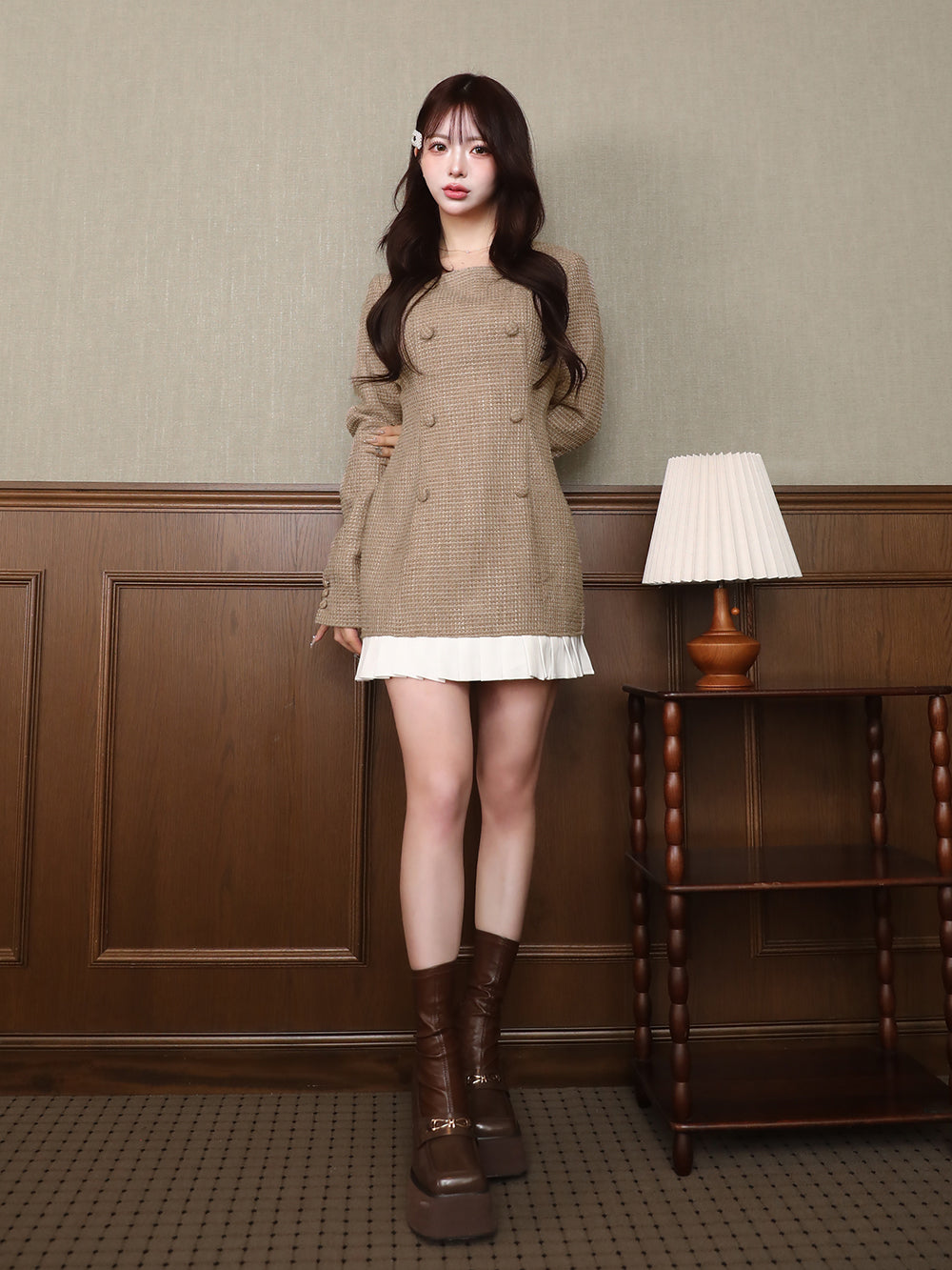 プリーツドッキングツイードミニワンピース