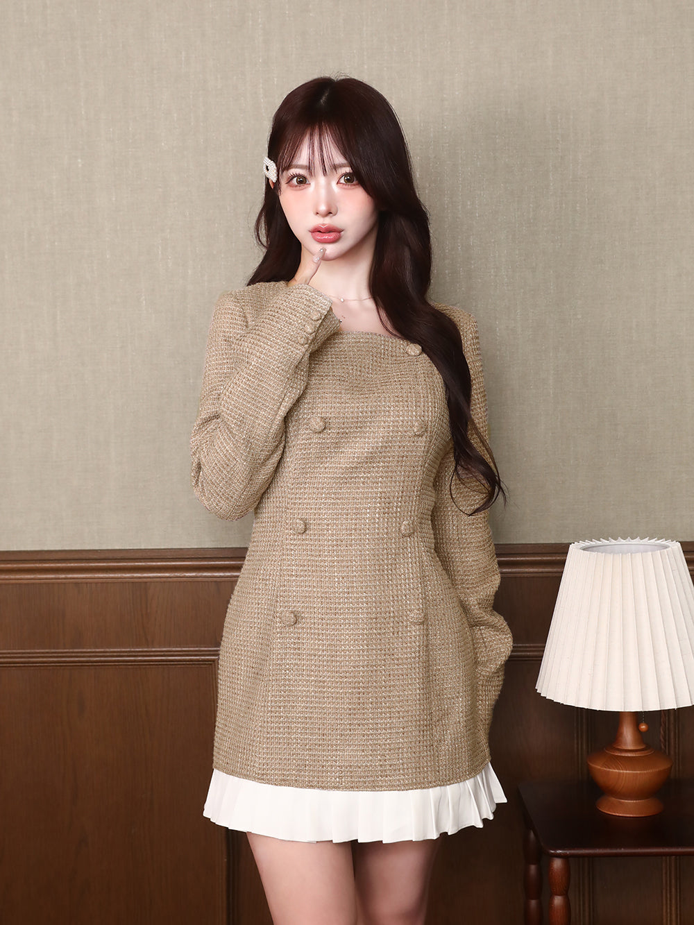 プリーツドッキングツイードミニワンピース