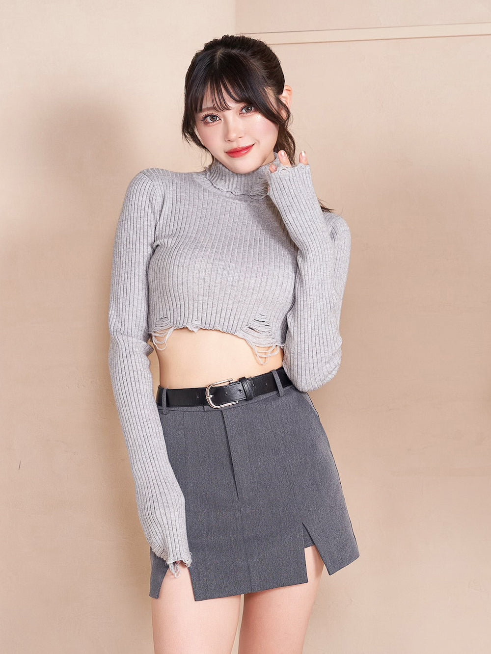 ダメージボーダーショートリブニット - gry