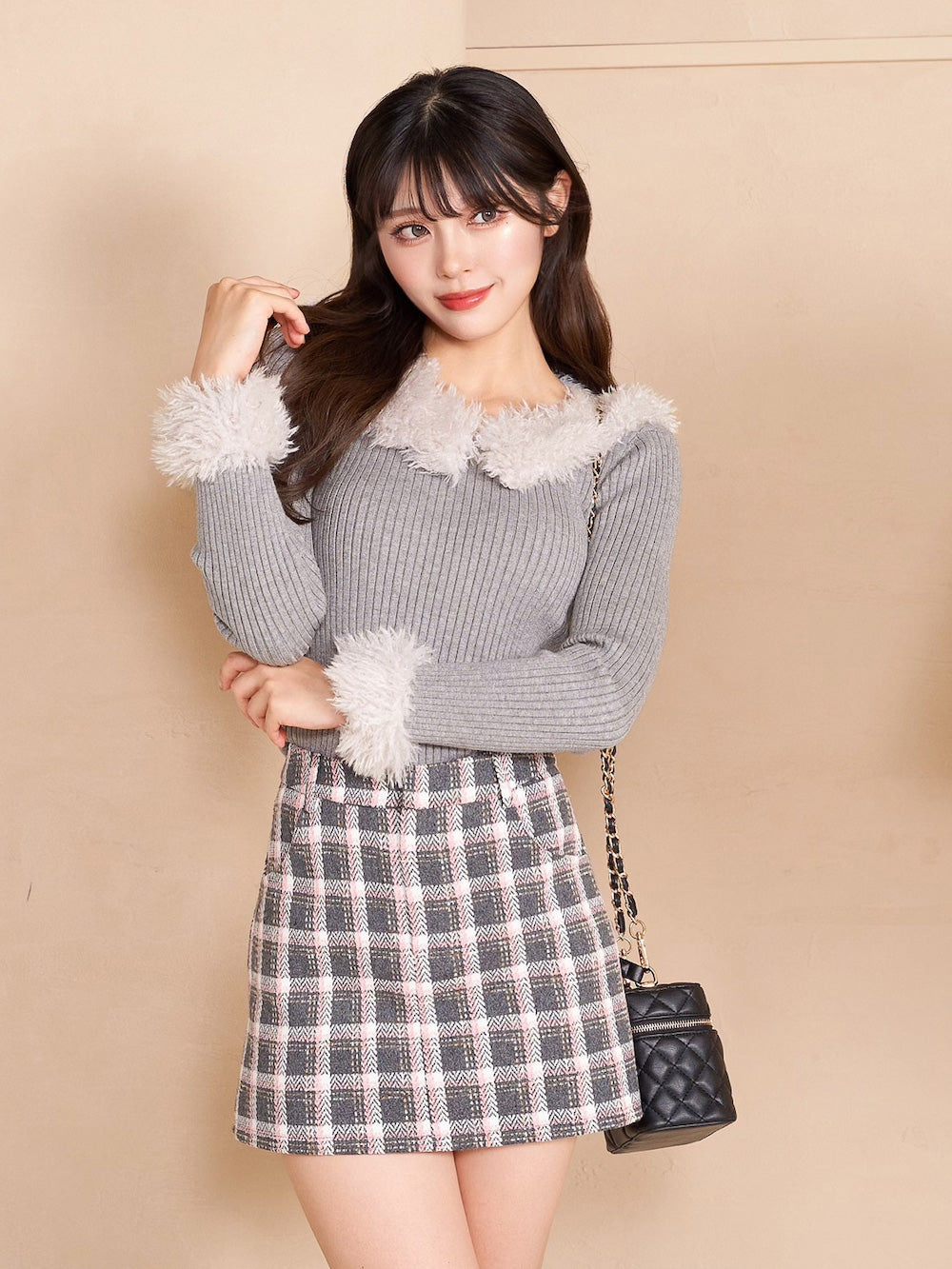 ファードッキングリブニットトップス - gry