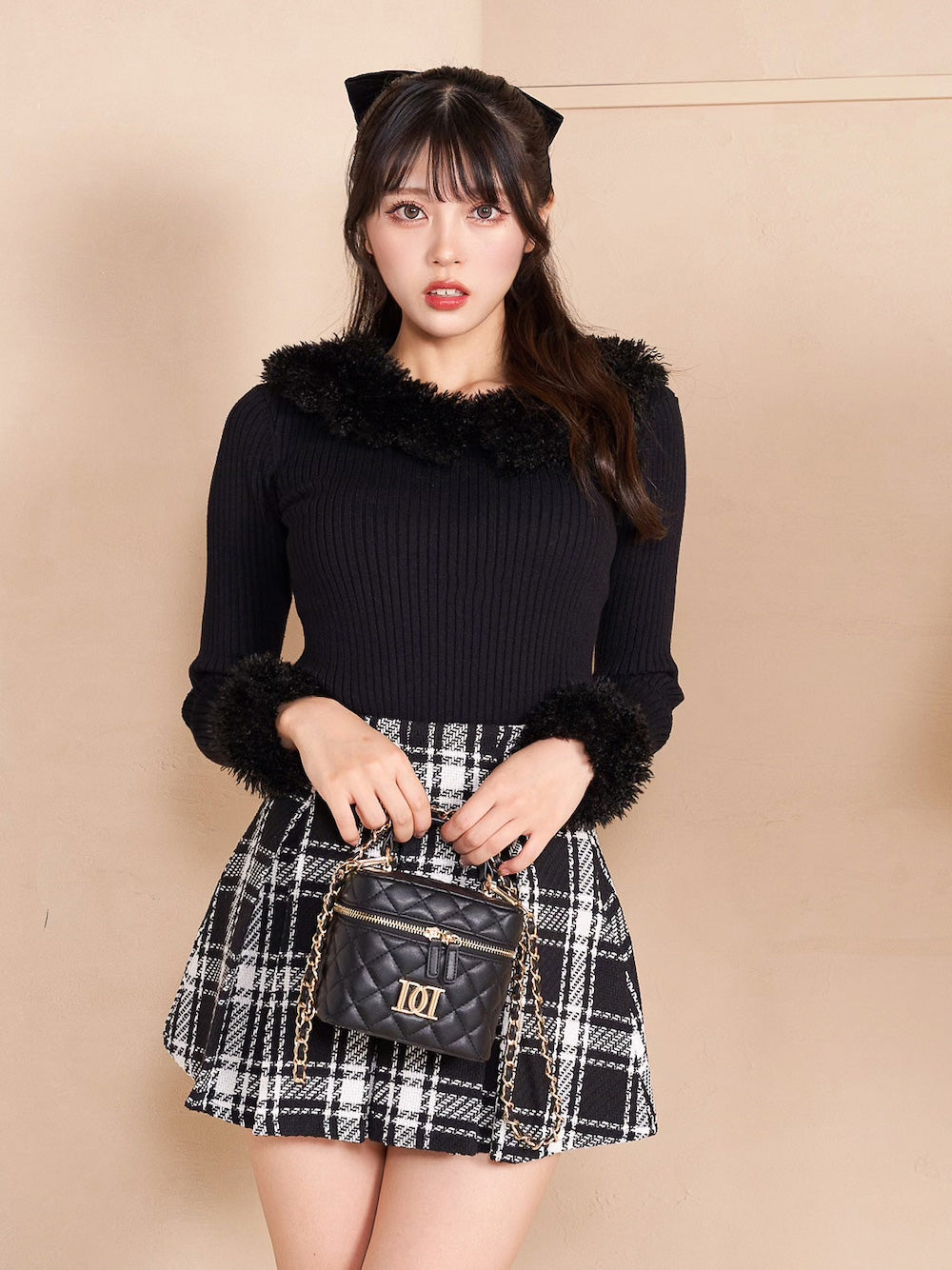 ファードッキングリブニットトップス - blk