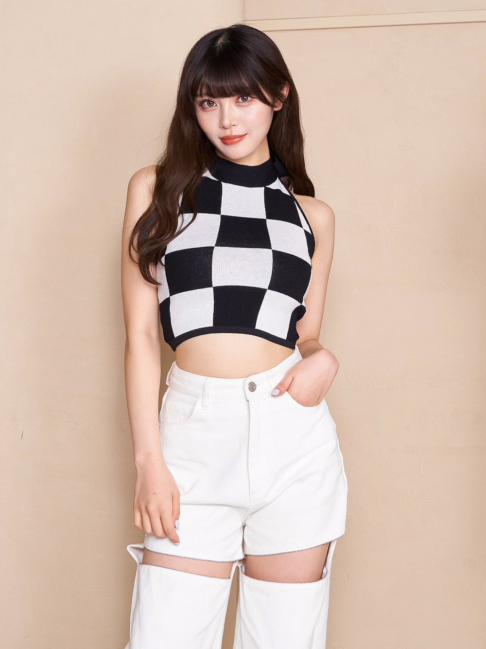 アメスリチェッカーニットトップス - blk